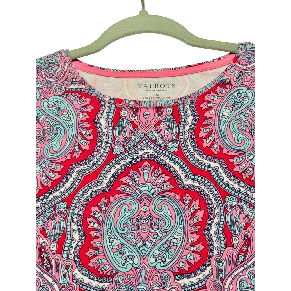 Talbots Petite Pink Blue Paisley Long Sleeve Cotton Stretch Tee Top MP